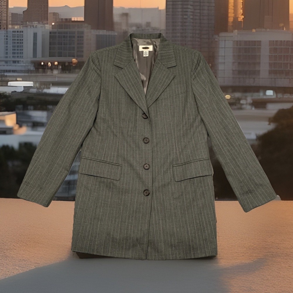 Vtg Talbots Womens Wool Jacket Size 8P Four Button Gray Pinstripe Preppy Money